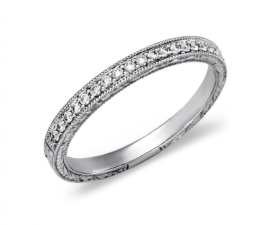 Engraved Micropave Diamond Ring in 14k White Gold 0.20ctw