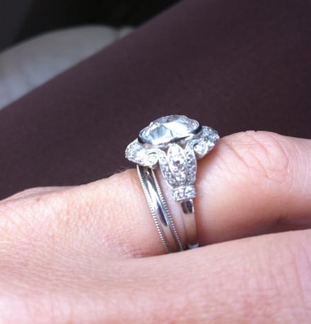 Vintage style diamond engagement ring with heirloom wedding band