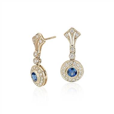 Sapphire and Diamond Vintage-Inspired Drop Earrings in 14k Yellow Gold (3.5mm)