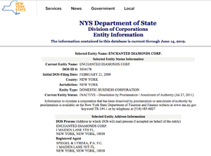 NYS Dept of State corporate database pg re Enchanted Diamonds.png