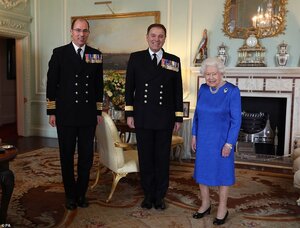 greeting the new Commanding Officer of the Royal Navy warship HMS Queen Elizabeth.jpg