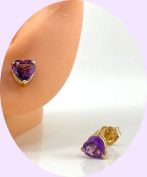 14k yellow gold heart shaped stud earring with heart faceted purple amethyst studs 5mm.jpg