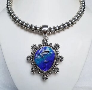 Boulder opal snowflake pendant on silver large beaded collar necklace.JPG