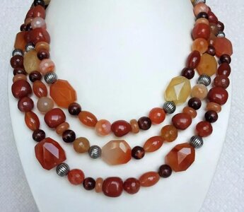 Various agates, carnelian, red jasper, peach aventurine, and red tiger's eye beaded necklace.JPG