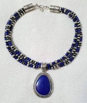 Lapis pendant and neaded necklace.JPG