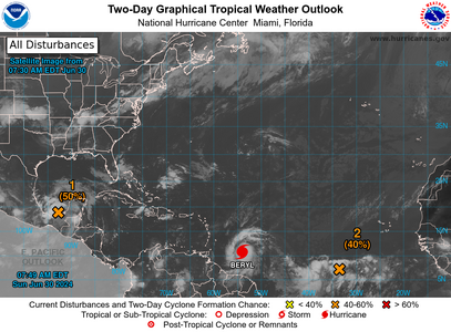 Two-Day Graphical Tropical Weather outlook map that shows 2 disturbances and 1 hurricane