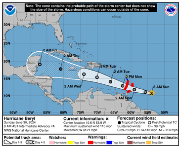 Hurricane Beryl  - Sunday June 30, 2024 Current Information and forcast positions