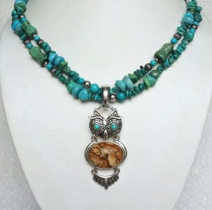 Turquoise and picture jasper owl enhancer pendant on turquoised beaded necklace.JPG