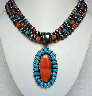 Sleeping beauty turquoise and orange spiny oyster shell pendant and beaded necklace.JPG