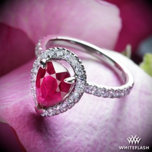 Semi Custom Diamond and Ruby Pear Shape Halo Ring