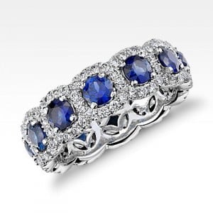 Sapphire and Diamond Halo Eternity Ring in 18k White Gold