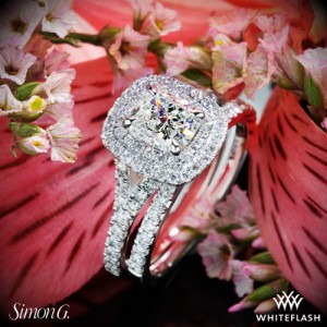 Simon G MR2459 Diamond Engagement and Wedding Rings modified for Cushion