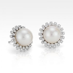 Freshwater Cultured Pearl and Diamond Halo Earrings in 14k White Gold