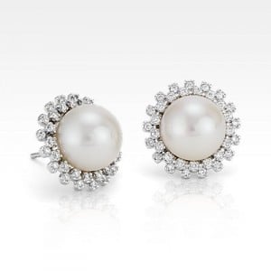 Freshwater Cultured Pearl and Diamond Halo Earrings in 14k White Gold