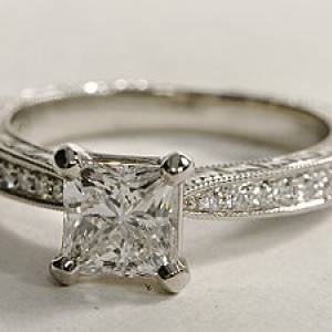 Engraved Micropave Diamond Engagement Ring Patinum