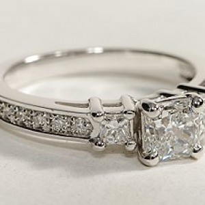 Trio Princess Cut Pave Diamond Engagement Ring in 14k White Gold