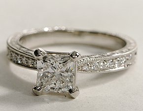 Engraved Micropave Diamond Engagement Ring Patinum