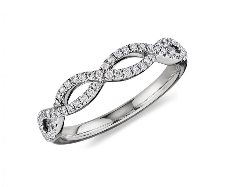 Infinity Twist Micropave Diamond Wedding Ring in 14k White Gold 0.20ctw