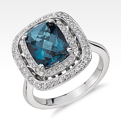 London Blue Topaz and Diamond Double Row Halo Cushion-Cut Ring