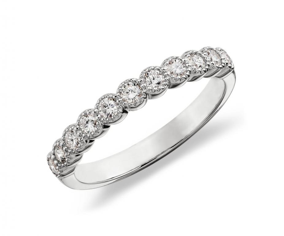 Milgrained Round Diamond Ring in 14k White Gold