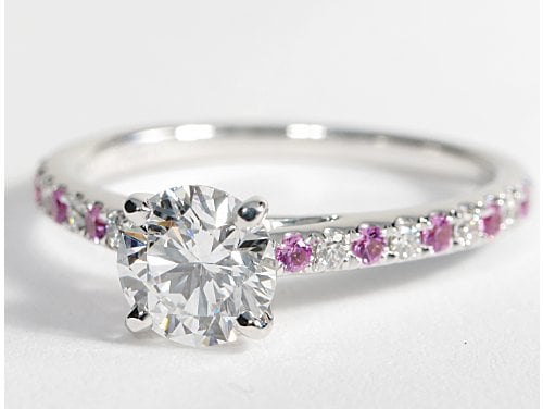 Pave Pink Sapphire and Diamond Petite Cathedral Engagement Ring 14k White Gold