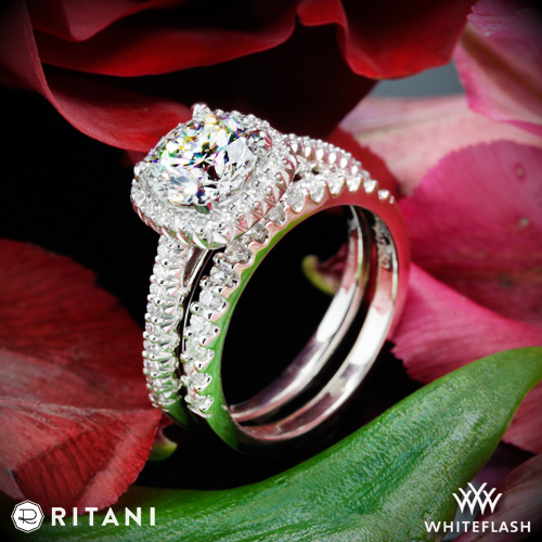 Ritani French Set Cushion Halo Diamond Band Engagement Ring