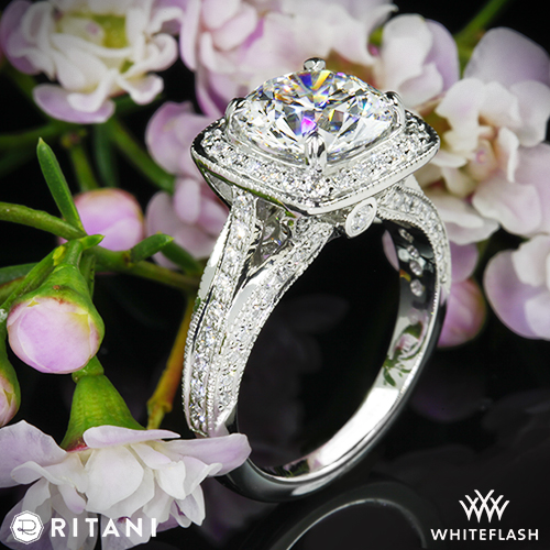 Ritani Masterwork Cushion Halo Vaulted Milgrain Diamond Engagement Ring