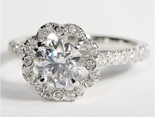 Scalloped Halo Diamond Engagement Ring 14k White Gold