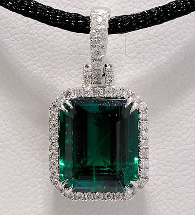 Finished Diamond and Chatham Emerald Pendant