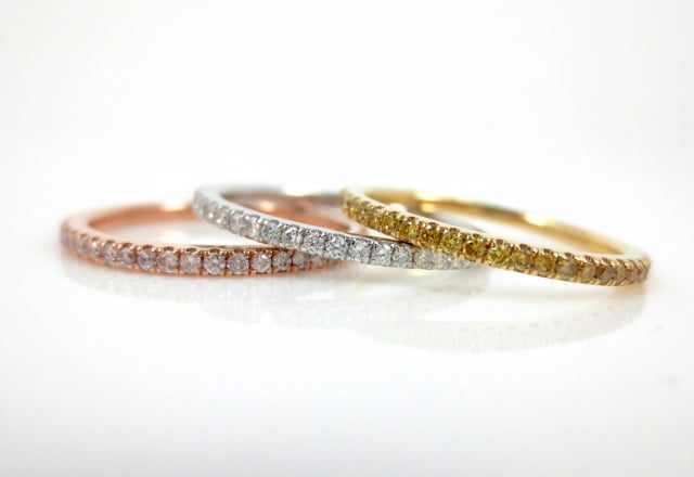 Trio of Bands with Pink, Yellow, and White Diamonds shared by Asscherhalo_lover