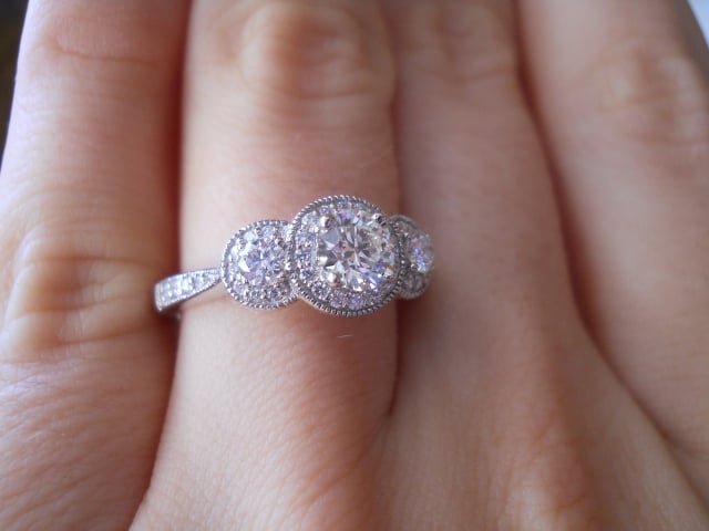 Diamond halo 3-stone engagement ring shared by Laila619