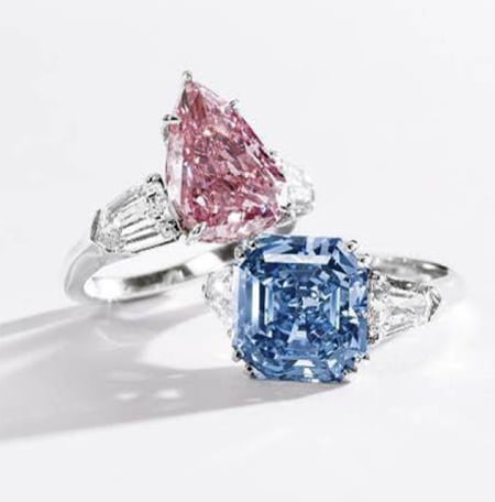 5.03 carat Fancy Vivid Pink Diamond with an 8.02 carat Fancy Vivid Blue Diamond to be auctioned at Sotheby's on April 3, 2012