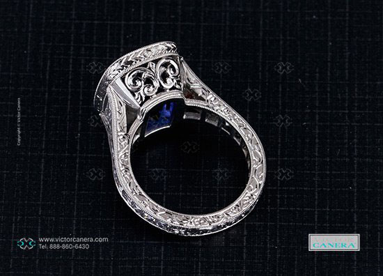 makeable's 9 Carat Cushion Cut Tanzanite Ring with Vintage Tapered French Cut Diamonds (Side View) - image by Victor Canera makeable's 9 Carat Cushion Cut Tanzanite Ring with Vintage Tapered French Cut Diamonds (Side View) - image by Victor Canera