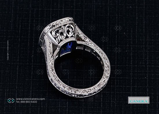 makeable's 9 Carat Cushion Cut Tanzanite Ring with Vintage Tapered French Cut Diamonds (Side View) - image by Victor Canera