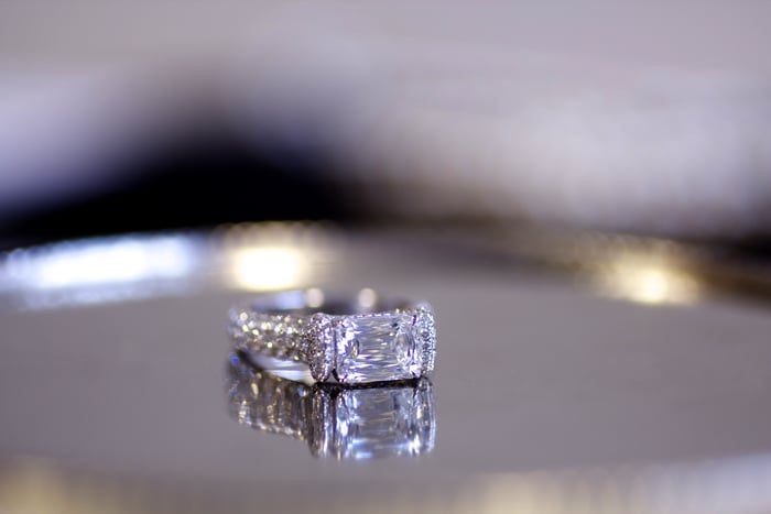 Blue Nile Red Carpet Event, Brilliant emerald-cut diamond ring with micropavé • Image by Erika Winters