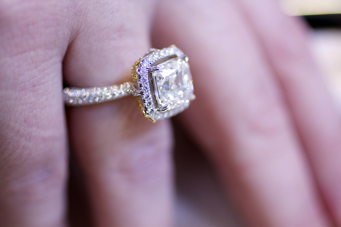 Blue Nile Red Carpet Event, Diamond halo ring with 3.54-carat cushion cut • Image by Erika Winters