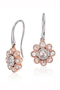 Blue Nile rose-cut diamond floral drop earrings in 18k rose and white gold