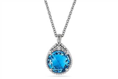 Swiss Blue Topaz Drop Diamond Halo Pendant - in 14kt White Gold - (0.05 CTW) at Ritani