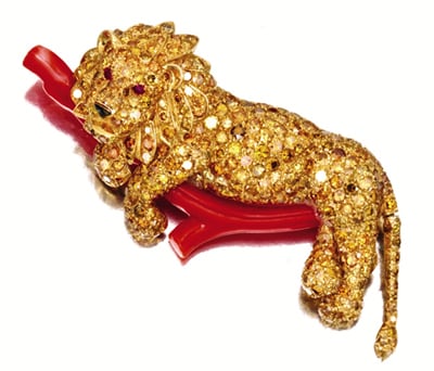 Brooke Astor's diamond, ruby, and coral lion brooch to be auctioned at Sotheby's