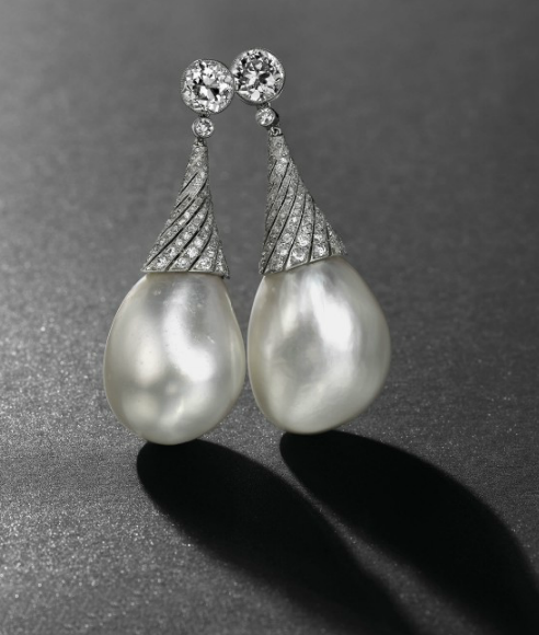 A pair of drop-shaped natural pearl and diamond ear-pendants, Christie's Geneva