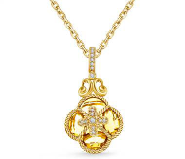 Clover Citrine & Diamond Crown Byzantine Pendant in 14K Yellow Gold (15x12 mm) at B2C Jewels