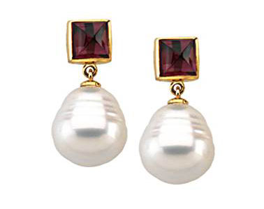 South Sea Cultured Circle Pearl & Genuine Rhodolite Garnet Earrings in 14K Yellow Gold at B2C Jewels South Sea Cultured Circle Pearl & Genuine Rhodolite Garnet Earrings in 14K Yellow Gold at B2C Jewels