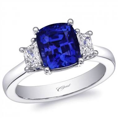 Coast LZK0246-S Unheated Cushion Cut Blue Sapphire and Trapezoid Diamond 3 Stone Ring at Solomon Brothers