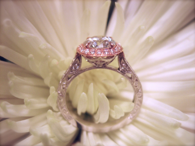 Halo Diamond Engagement Ring in Rose Gold and Platinum