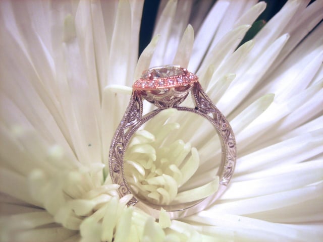 Halo Diamond Engagement Ring in Rose Gold and Platinum