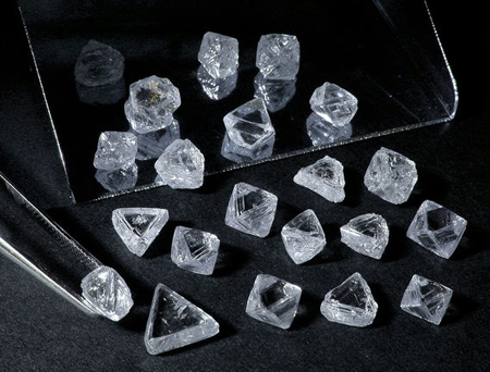 A selection of rough diamonds, produced by De Beers