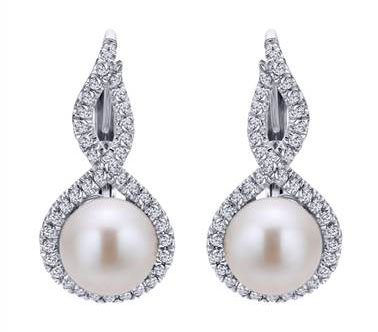 Diamond and Pearl Leverback Earrings set in 14kt White Gold 0.40ct EG12596W45PL at I.D. Jewelry