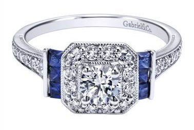 14K White Gold 0.40 ct Diamond and Sapphire Halo Engagement Ring Setting ER11932R0W44SA at I.D. Jewelry