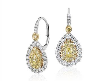 Double Halo Pear-Shaped Yellow Diamond Earrings in 18k White and Yellow Gold at Blue Nile