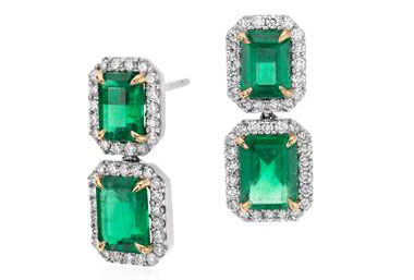 Emerald-Cut Emerald Diamond Pav Drop Earrings in 18k White Gold (4.77 ct. center) by Blue Nile